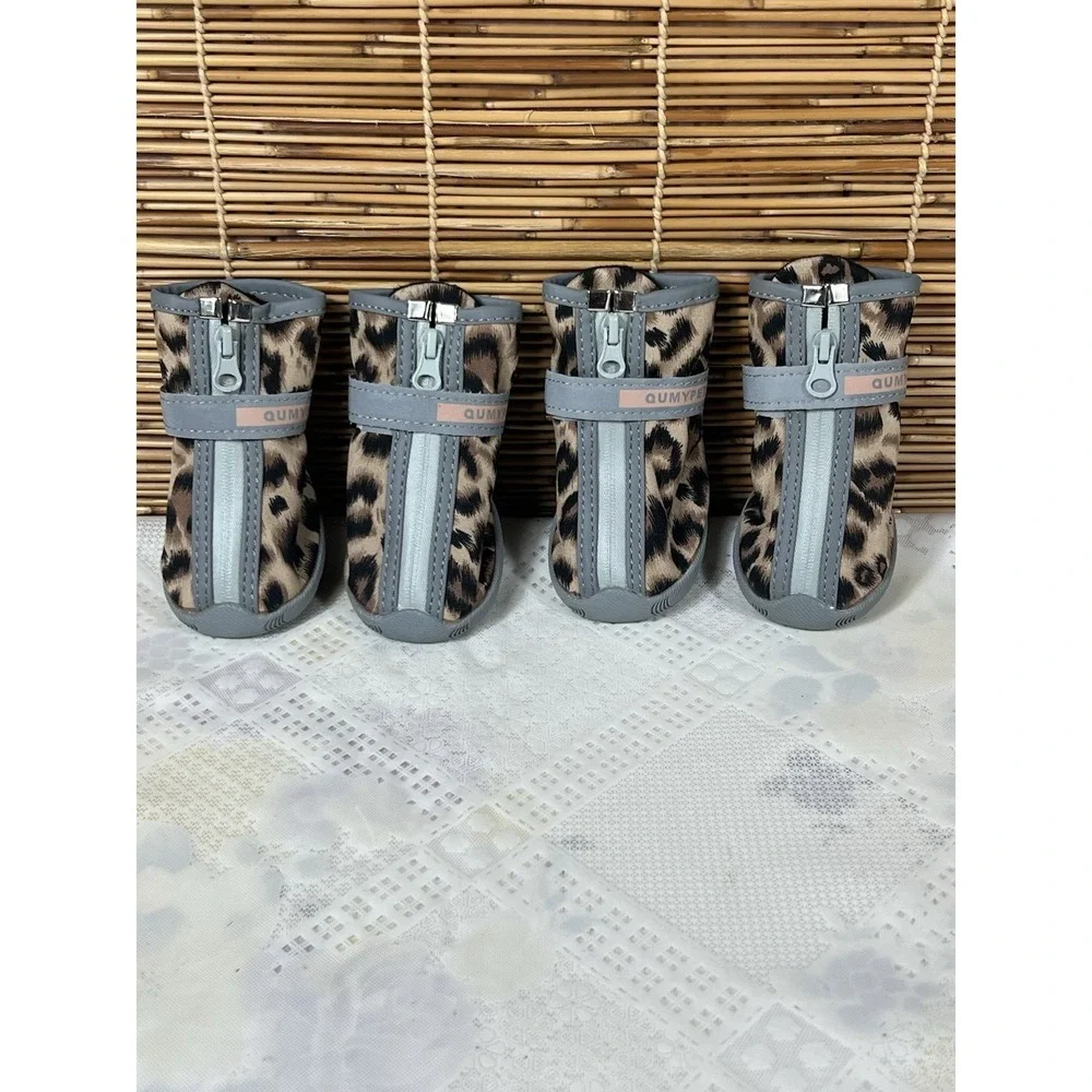 Dog Boots Shoes Size 5 Non-slip Rubber Brown Gray Leopard Print Set of 4